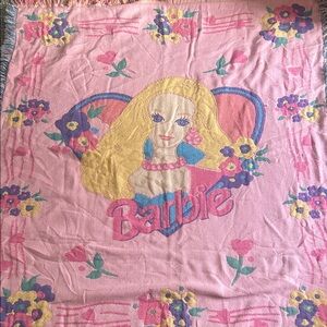 Vintage 1990s Barbie woven blanket with fringe made in the USA good condition
